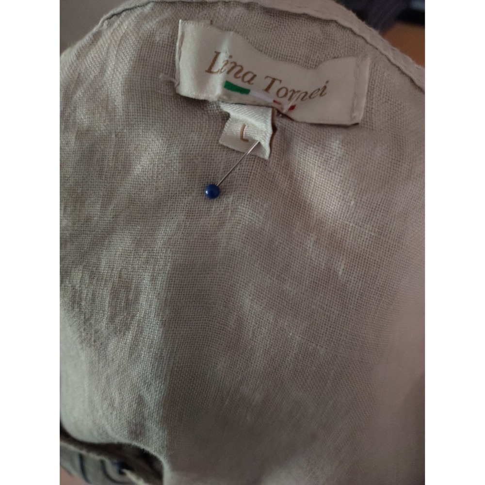 Made in Italy Linen Embroidered Swirl Shift Dress with Pockets Navy Beige L - Picture 9 of 10